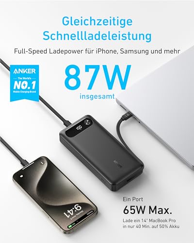 Detalle 2 de Anker Powerbank 20000mAh 87W Max mit integriertem USB-C Kabel – 3-Geräte-Ladung