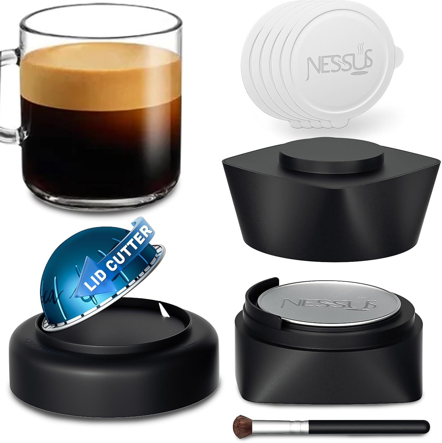 Thumbnail 6 de NESSUS Refill Kit for Reusable Nespresso Vertuo Pods: Lid Easy Remover, 100 Aluminum Foil Lids, and Refill Accessories
