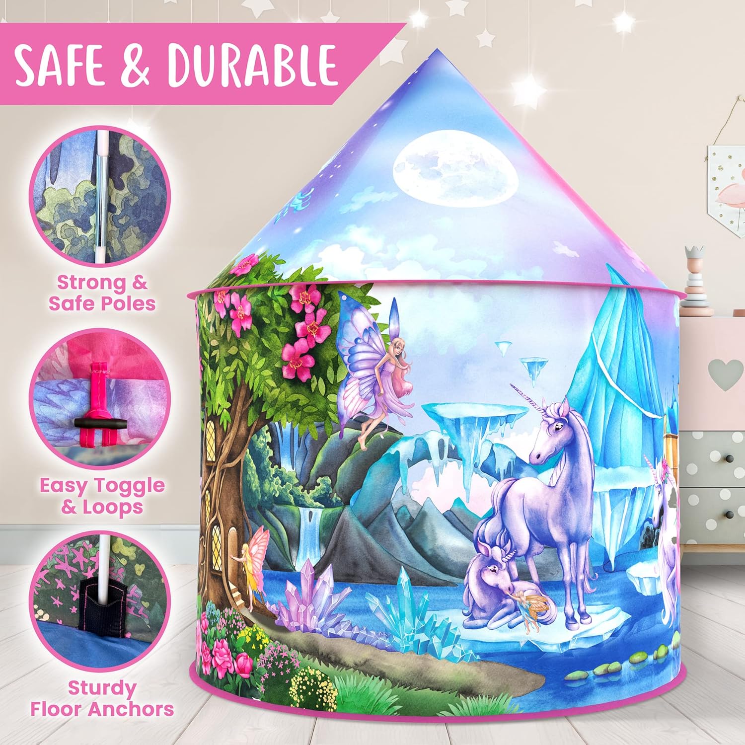 Detalle de W&O Unicorn Sparkle Play Tent with Magical Unicorn Sounds — pop-up play tent for indoor & outdoor play