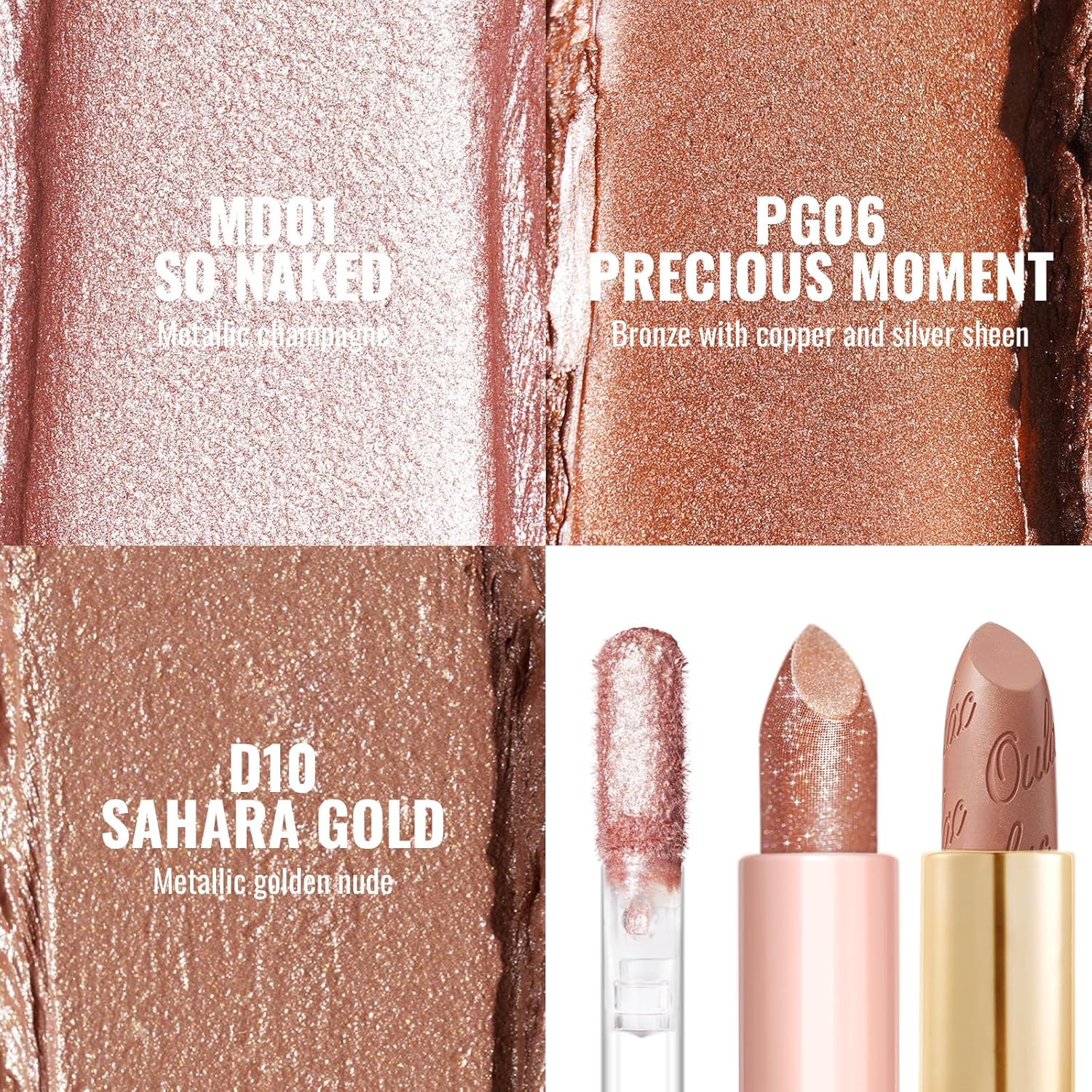 Detalle de OULAC Nude Metallic Lipstick Kit — Shimmer & High Pigment (3pcs): Metallic Shine, Hydration & Diamond Gloss