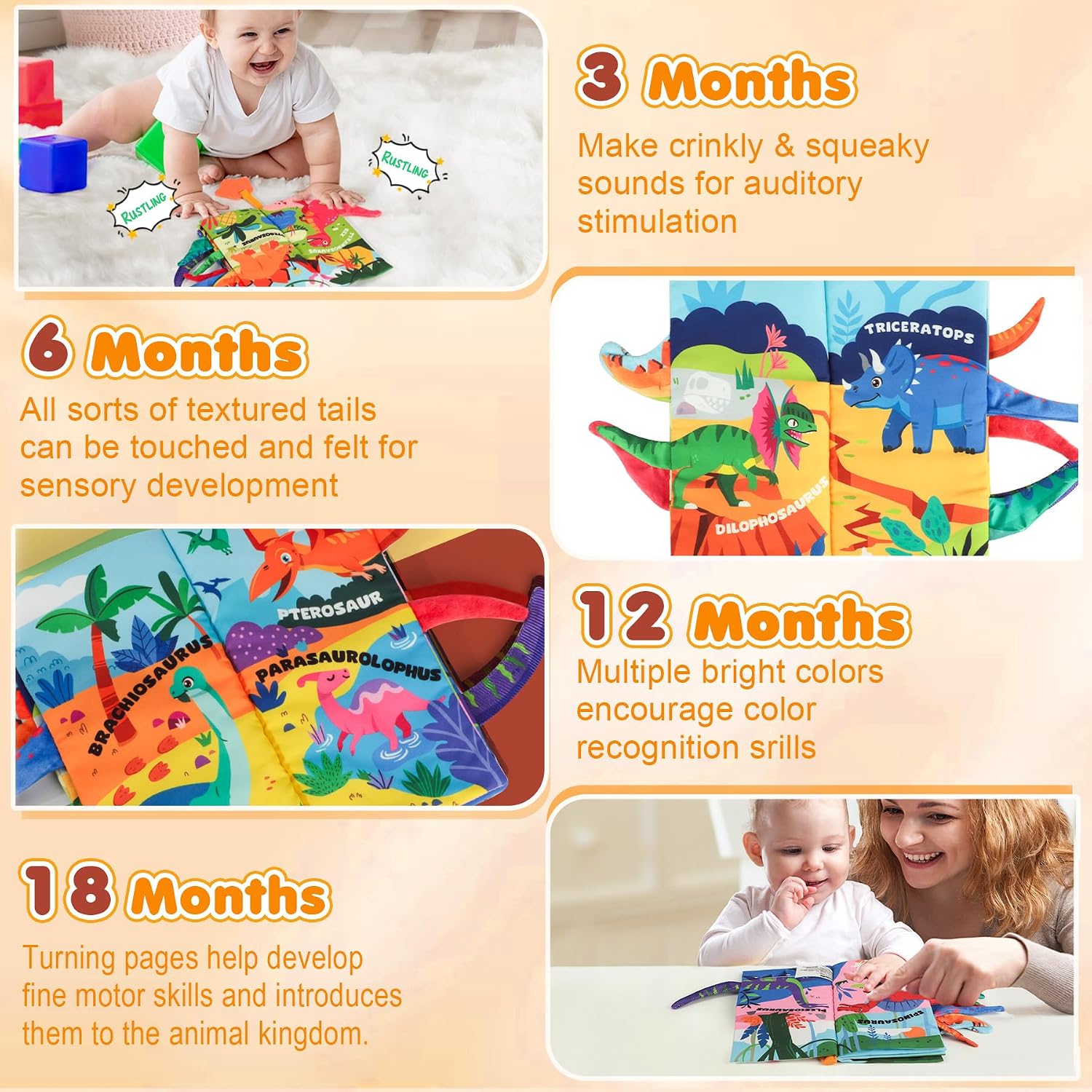 Detalle de BBWOO Soft Baby Book Toy with Crinkle Sounds, Textured Tails and Teether