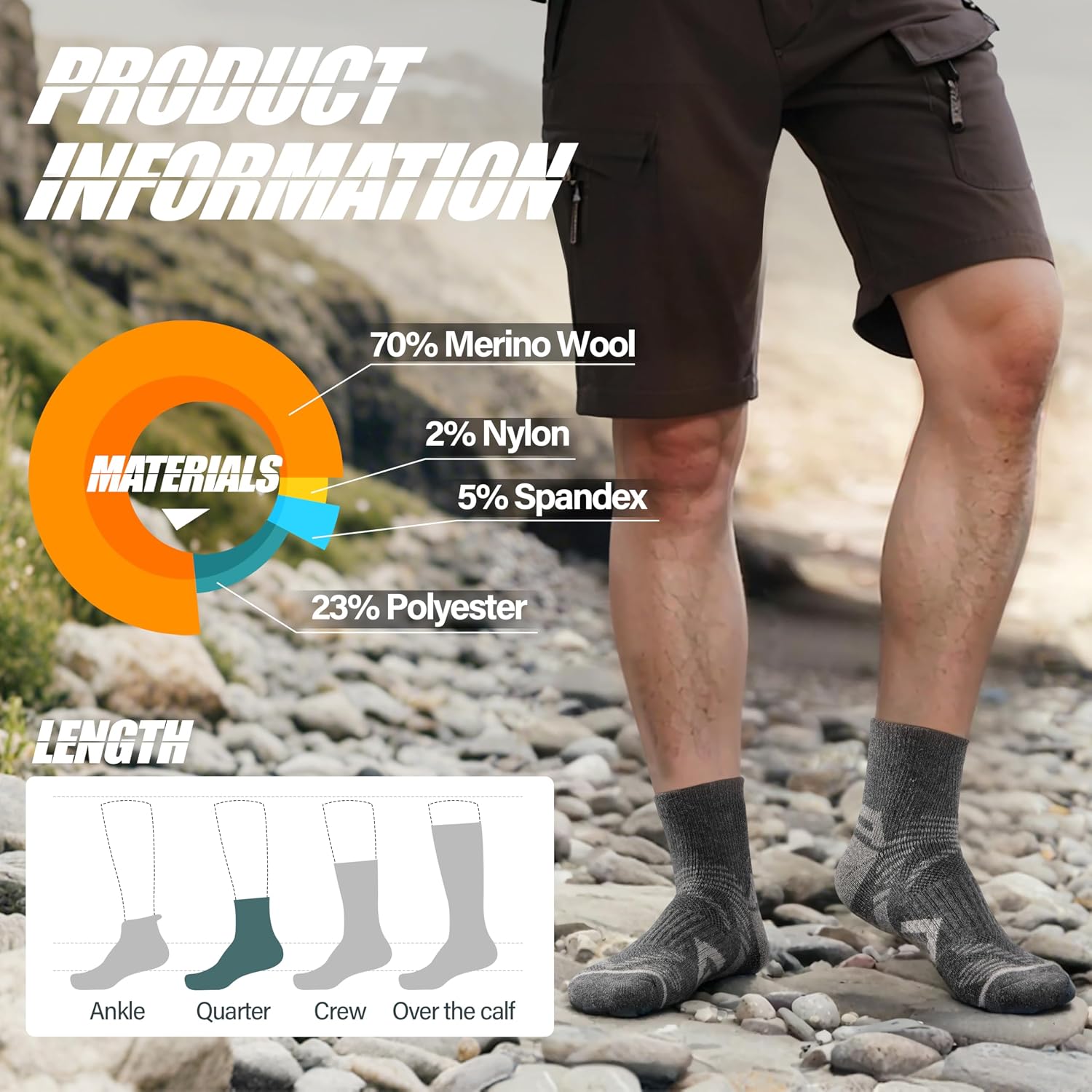 Detalle de ANTSANG 6 Pairs Merino Wool Quarter Ankle Hiking Socks with Compression and Cushioning