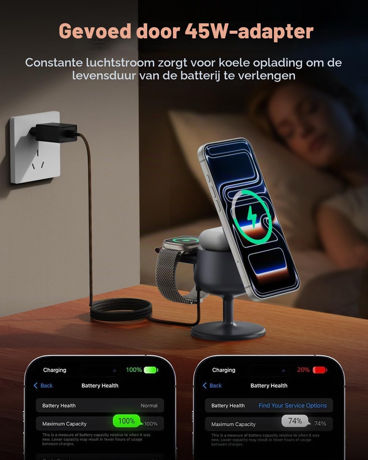 Detalle de GEEKERA 3-in-1 laadstation met Qi2.2, 25W en 45W GaN-adapter