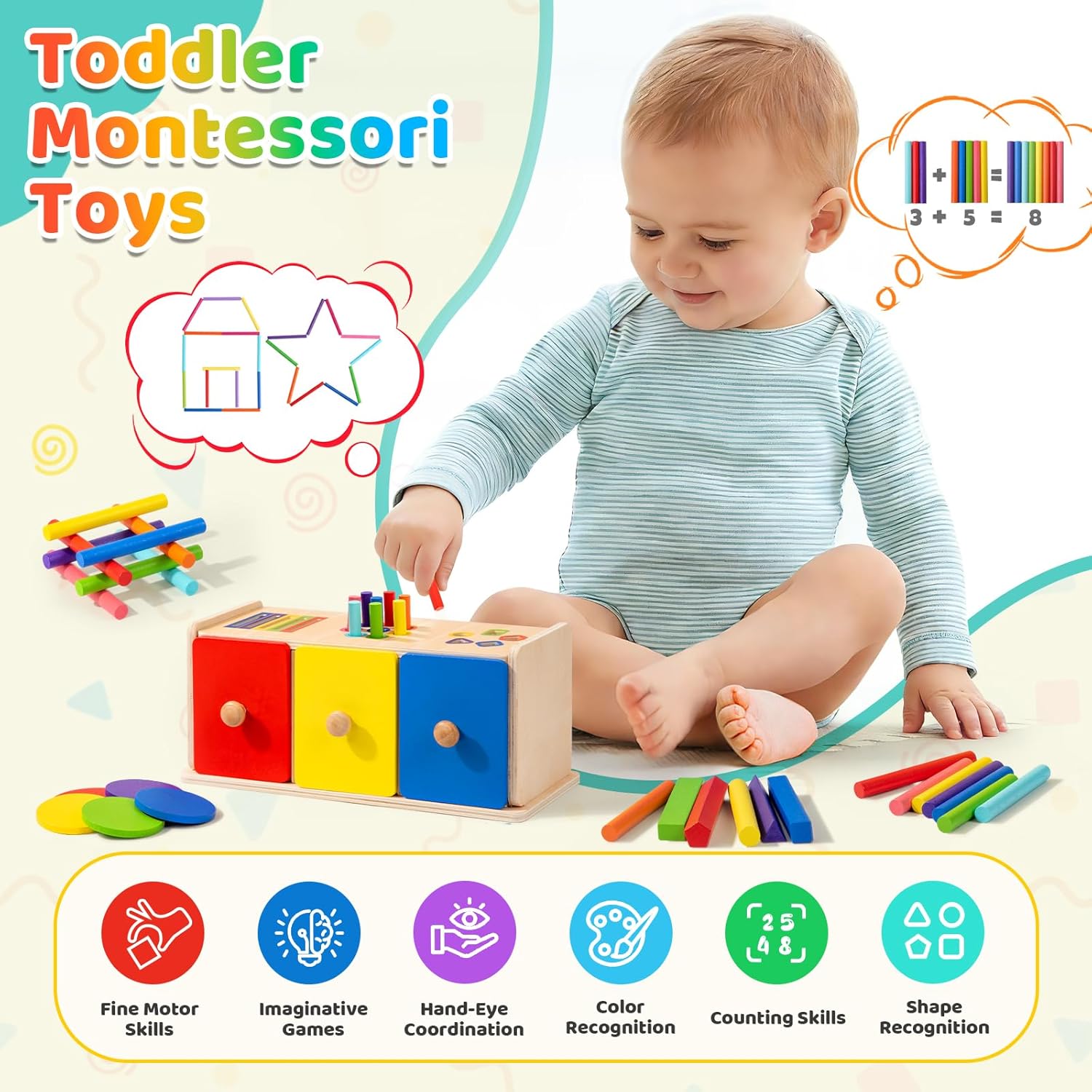 Detalle 2 de WEVOL Montessori Spielzeug ab 1 Jahr – 3-in-1 Sortierbox aus Holz mit Farben- & Formsortierung