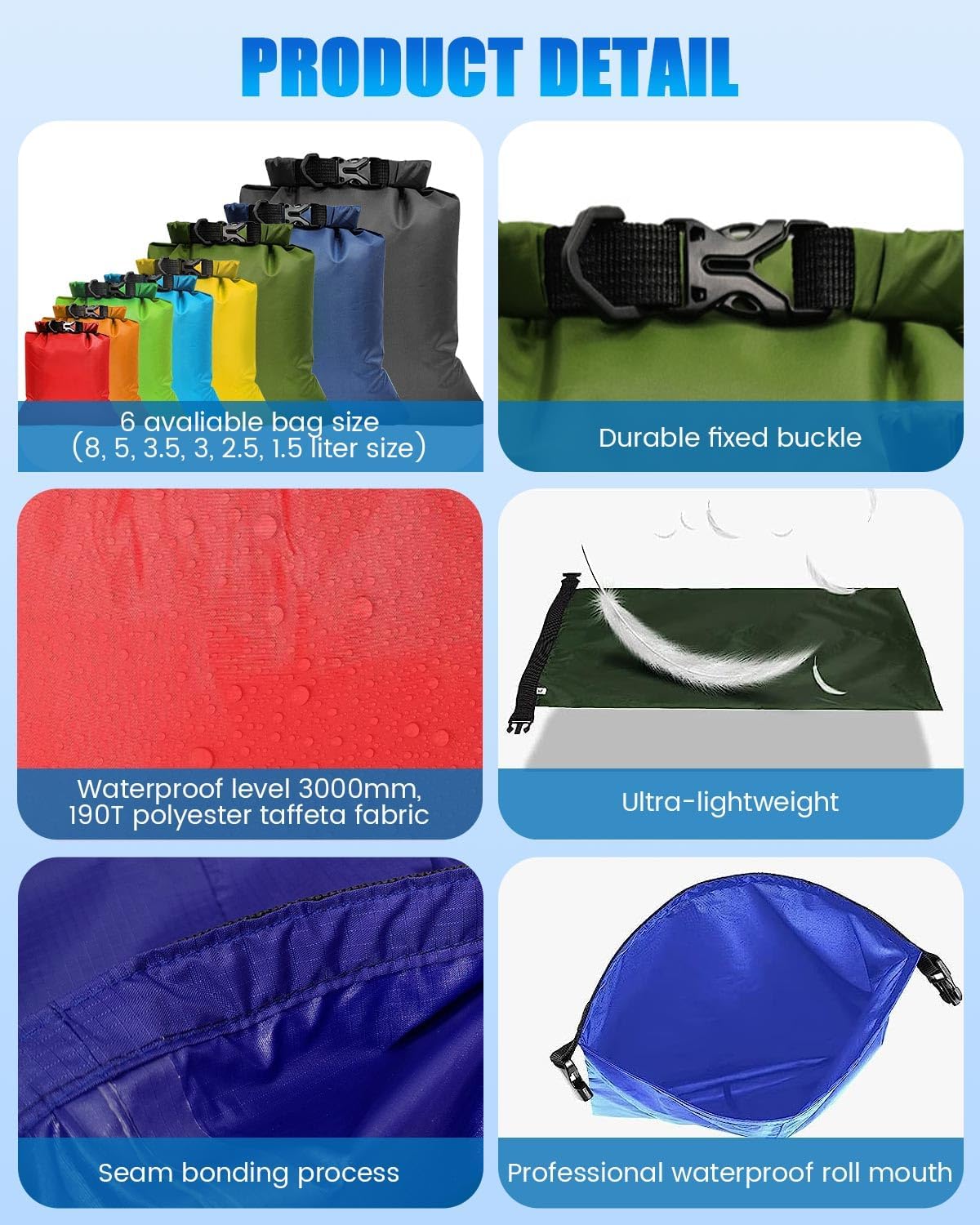 Thumbnail 2 de 8-Piece Waterproof Dry Bag Set with roll-top closures (12L–1.5L) for hiking, camping, cycling and fishing
