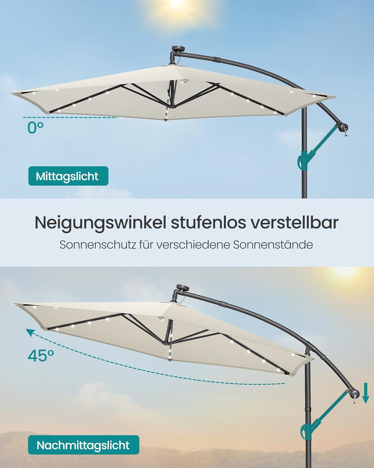 Thumbnail 4 de SONGMICS Sonnenschirm mit LED-Solar-Beleuchtung, Ampelschirm 350 cm Ø, UPF 50+, beige GPU119LZ01