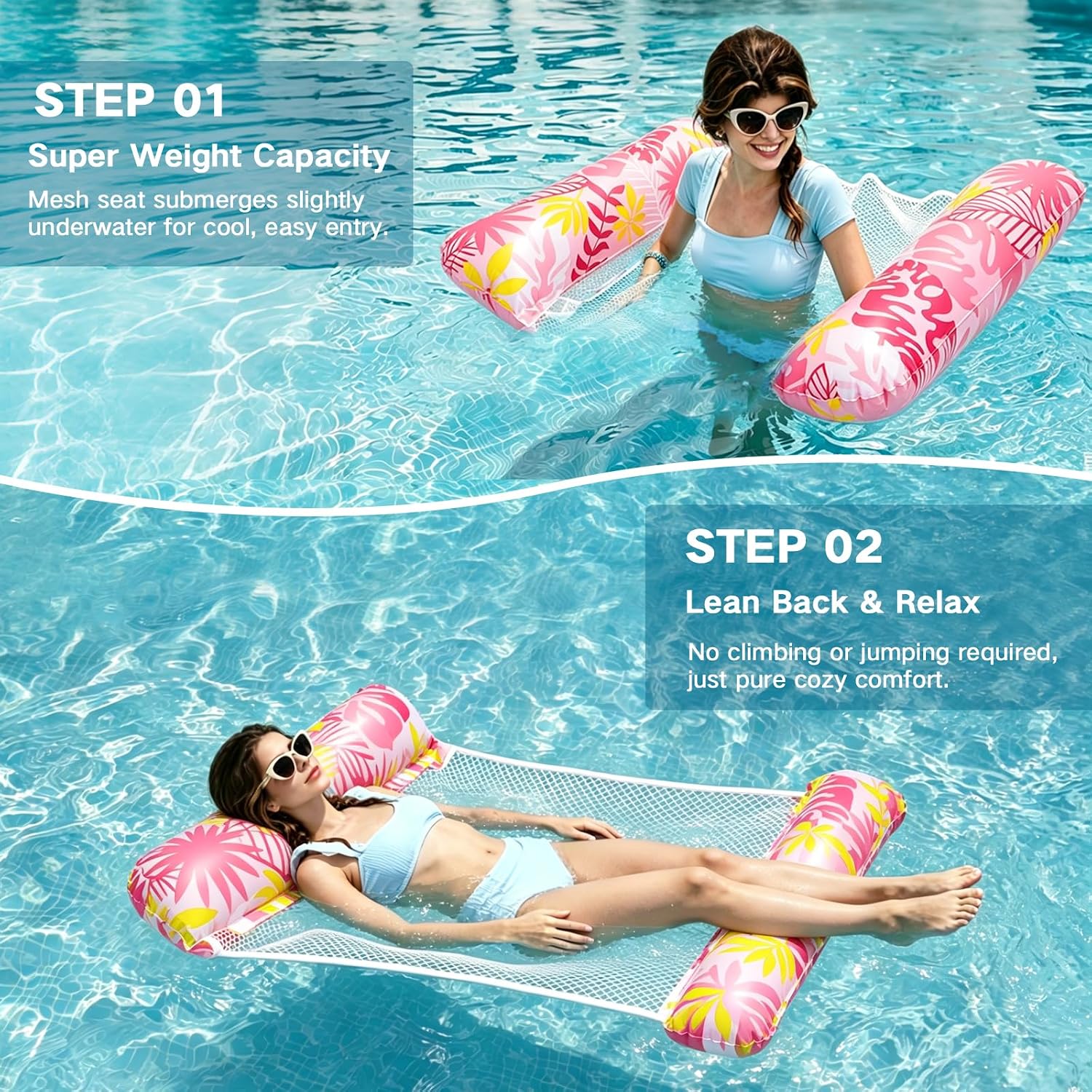 Detalle de Pool Hammock Floats Adults 2 Pack – 4 in 1 Multi-Purpose Inflatable Pool Floats with Air Pump