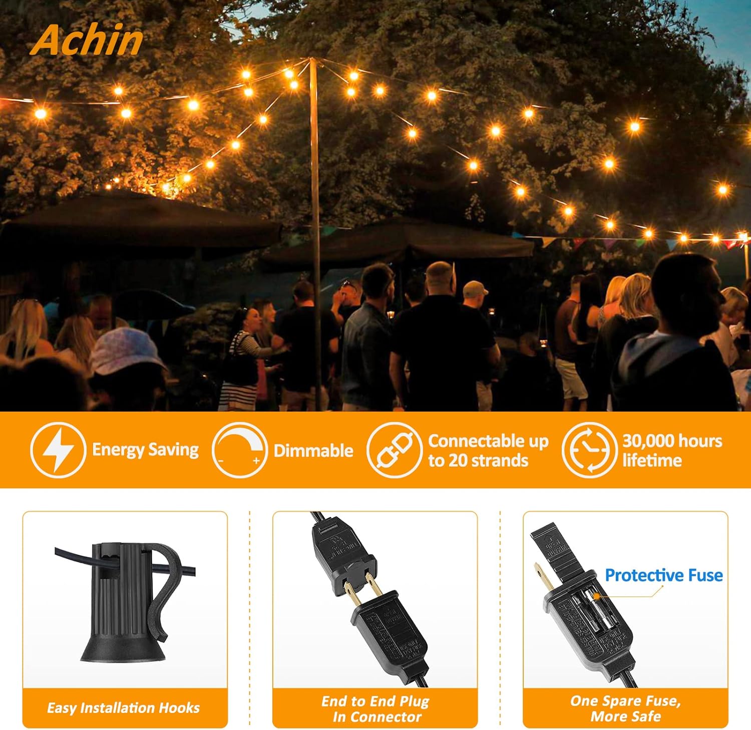Thumbnail 2 de Achin 200FT Outdoor String Lights G40 Globe Patio Lights with 104 Shatterproof LEDs, IP44 Waterproof, Dimmable, 2-Pack (200FT Total)