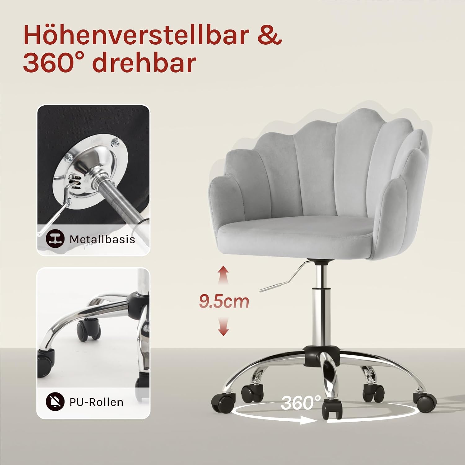 Detalle de WOLTU Homeoffice Stuhl mit Blütenblatt-Rückenlehne – höhenverstellbarer Drehstuhl in Hellgrau (Samt)