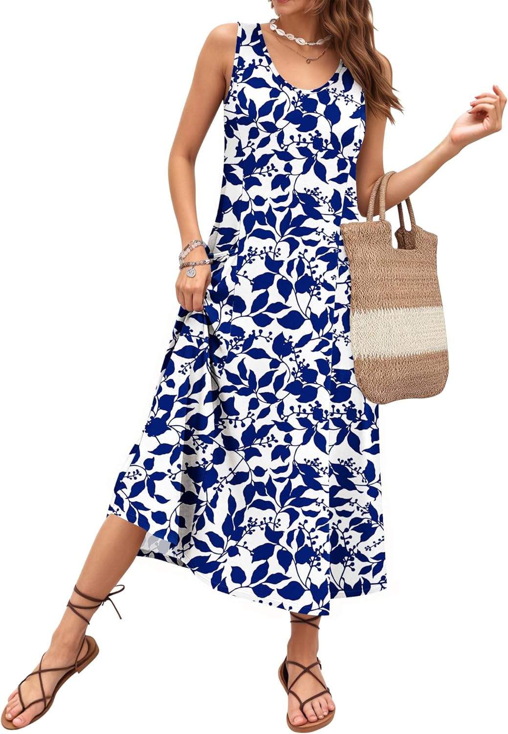 Detalle de Robe longue femme été sans manches A-coupe décontractée avec poche – AUSELILY