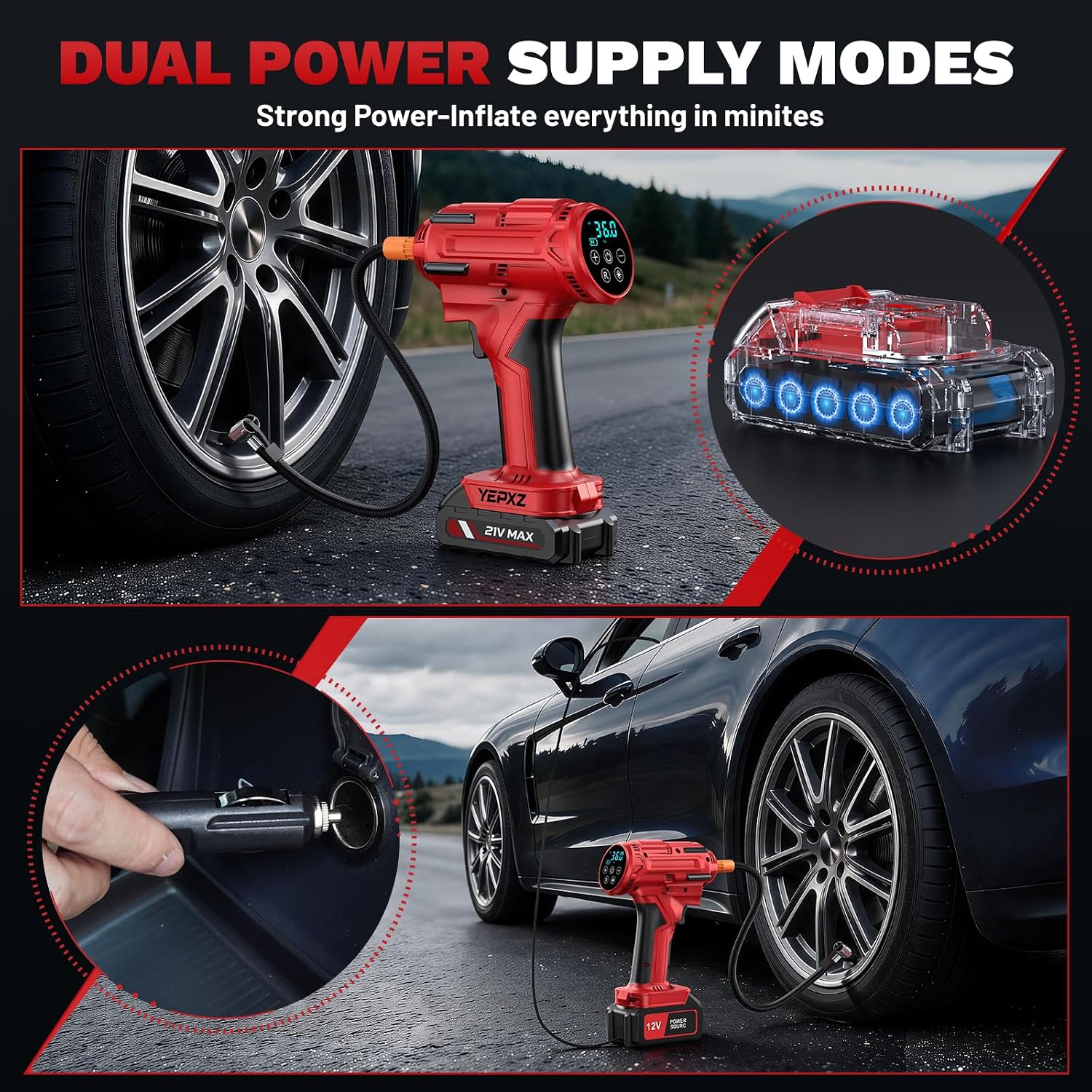 Detalle de YEPXZ Tire Inflator with 21V Battery