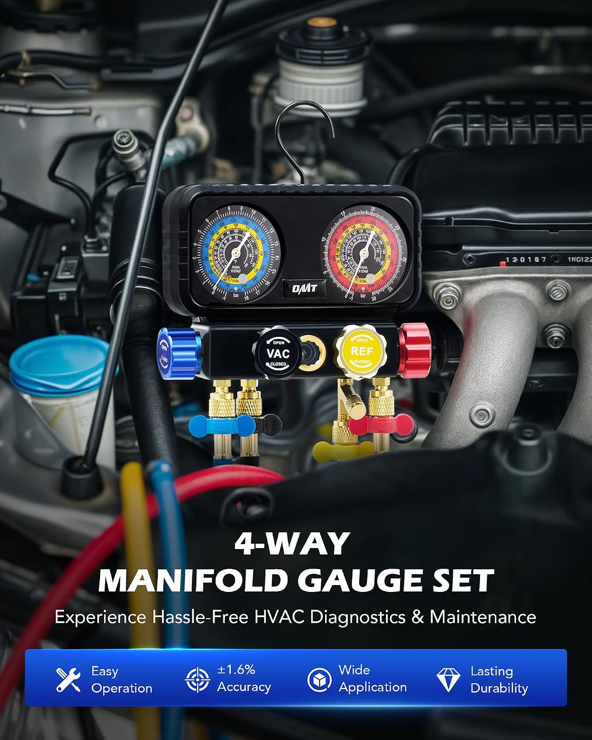 Thumbnail 1 de Orion Motor Tech R1234yf 4-Way AC Gauge Set with Hoses, Quick Couplers, and Self-Sealing Can Taps