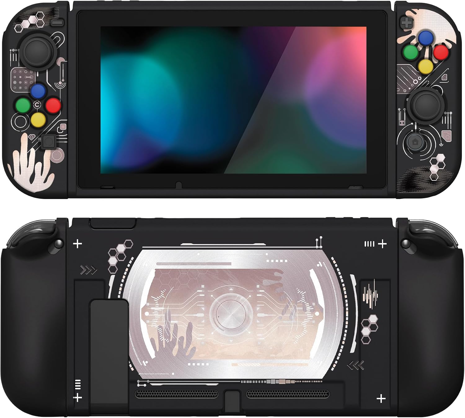 Detalle de PlayVital ZealProtect Soft Protective Case for Nintendo Switch – Silver Splatter with Screen Protector & Accessories