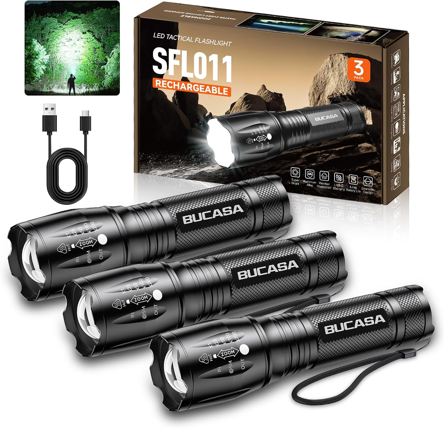 Detalle de BUCASA SFL011 Rechargeable LED Flashlights, 3-Pack with 3 Modes and Zoom Focus