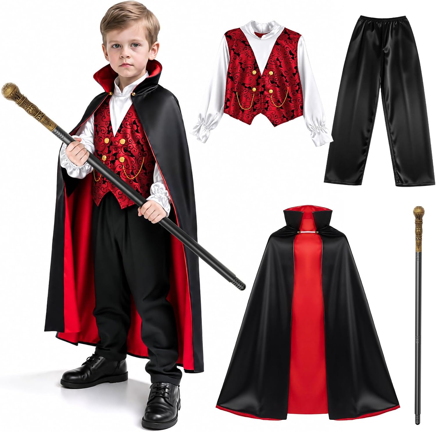 Detalle de KukuFun Vampire Costume Set for Kids with Reversible Cape, Shirt, Pants & Scepter