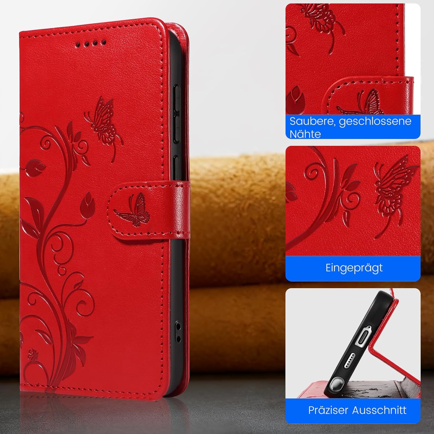 Thumbnail 6 de VANKI Lederhülle für Samsung Galaxy S25 Ultra – Flip Wallet mit Ständer, 3 Kartenfächer, Rot
