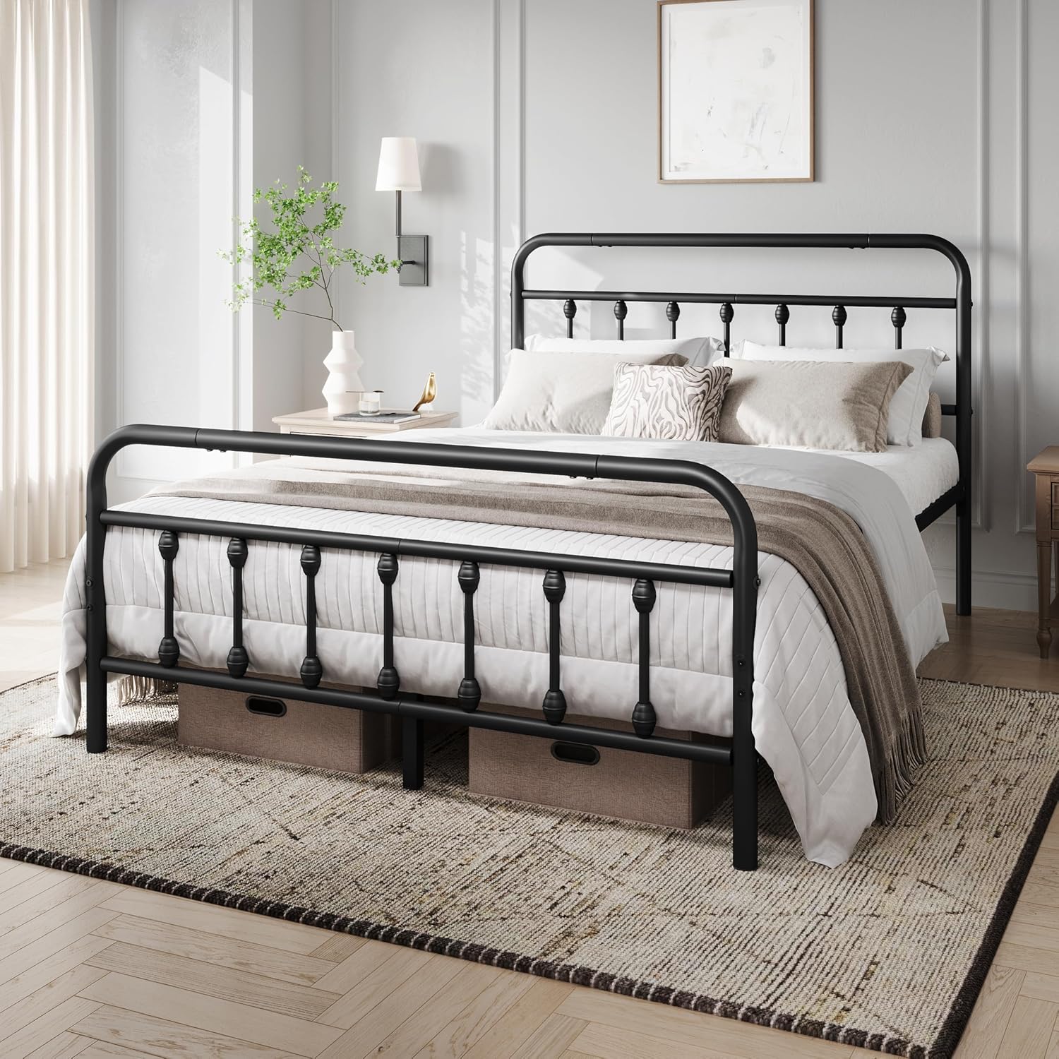Detalle de Yaheetech 4ft6 Double Vintage Iron Platform Bed with High Headboard & Storage, Black