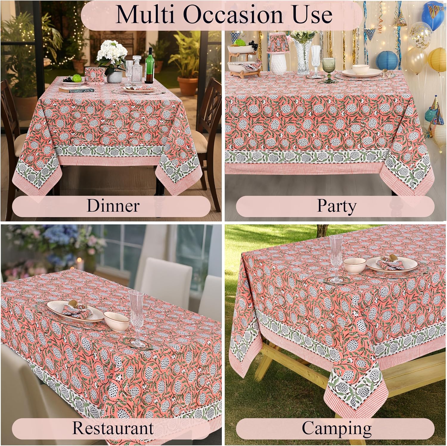 Detalle de Ridhi Dark Salmon Pink Hand Block Print Cotton Tablecloth 60" x 60