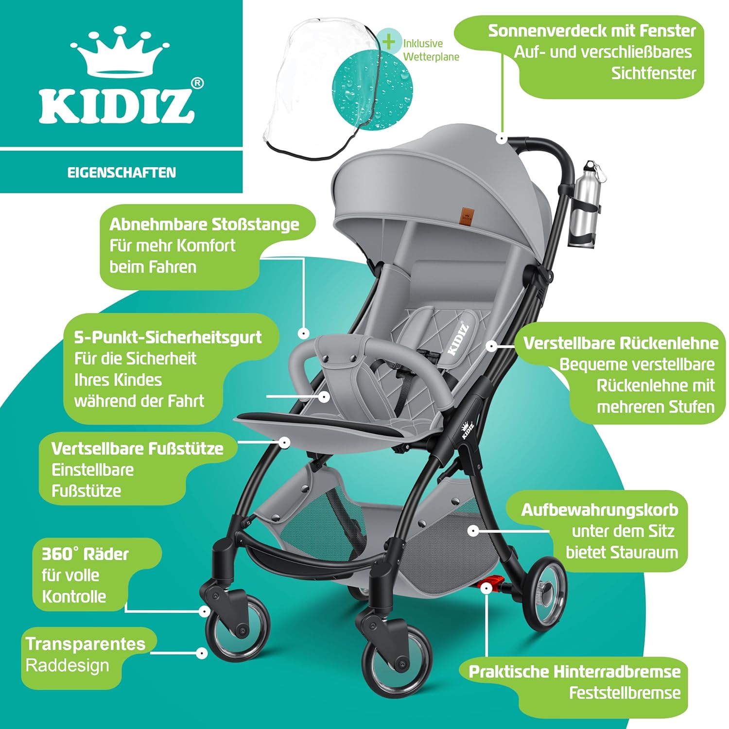Detalle de KIDIZ® Premium Kinderwagen – kompakter, faltbarer Liegebuggy mit 360° Rädern, 5-Punkt-Gurt & Regenabdeckung
