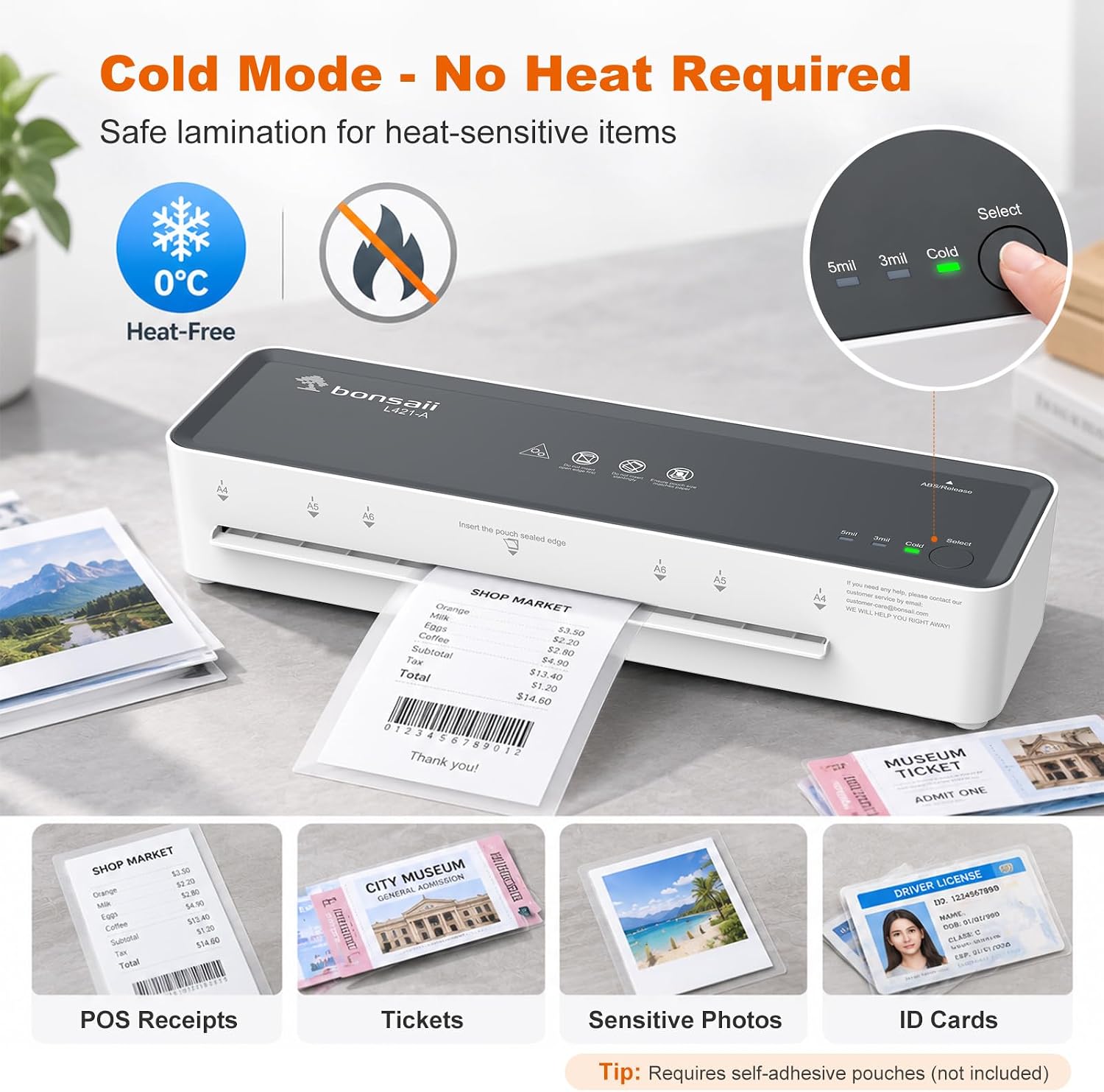 Detalle de Bonsaii 9-Inch Laminator, Hot and Cold Modes, ABS Jam Release