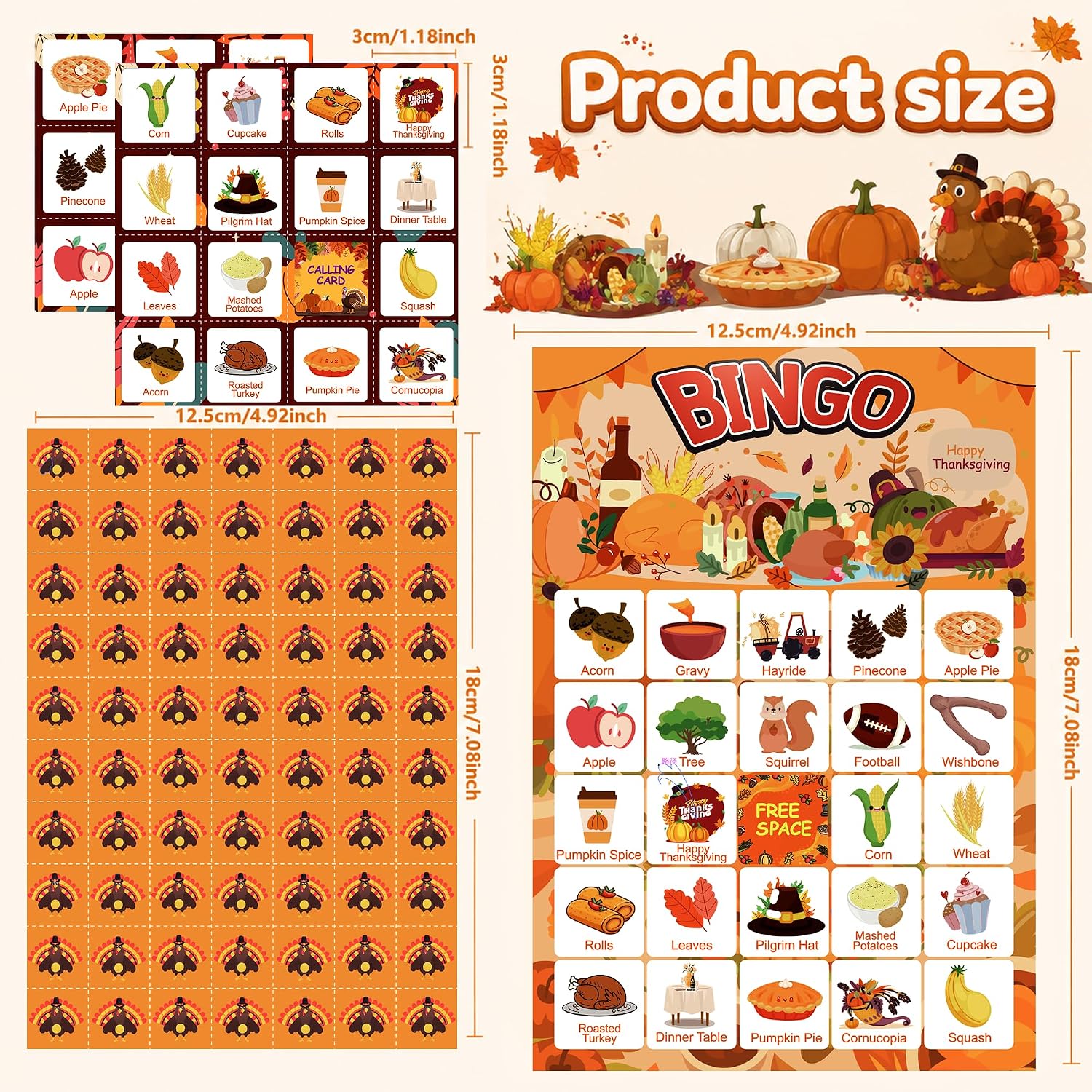 Detalle de MDDRUIQI Thanksgiving Bingo Game for Kids, 24-Player Set with Turkey Markers
