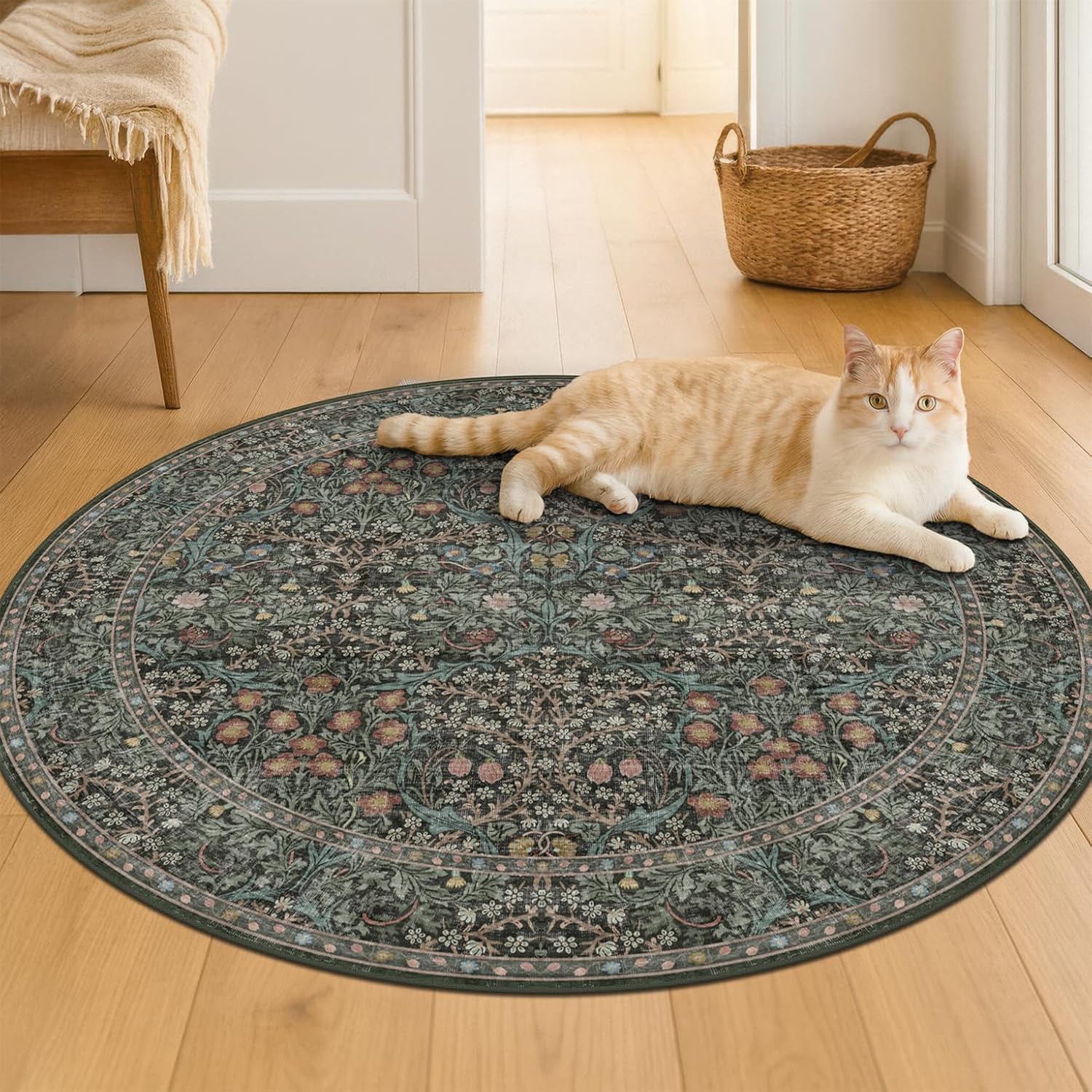Thumbnail 2 de Hazo Haus Washable Round Area Rug (6ft) in Dark Green Floral — Non-Slip Rubber Backing