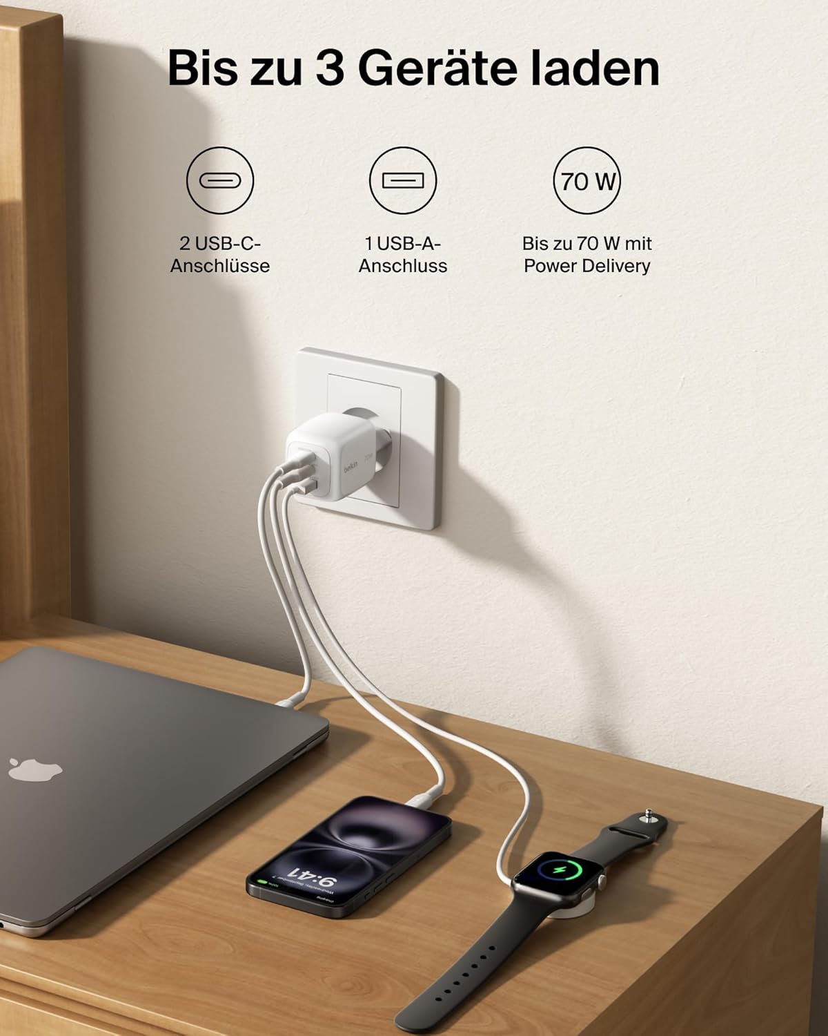 Thumbnail 1 de Belkin 70W GaN-Ladegerät mit 3 Ports (2x USB-C, 1x USB-A) – kompakt, universell einsetzbar