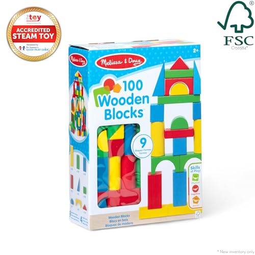 Detalle de Melissa & Doug Wooden Building Blocks, 100-Piece Set with 4 Colors and 9 Shapes