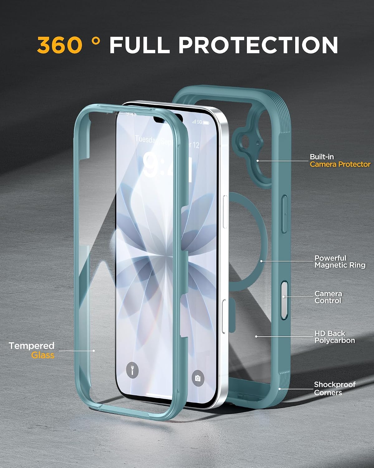 Detalle de Miracase Magnetic Case for iPhone 17 (6.3-inch, Green) with built-in glass screen protector & camera control button
