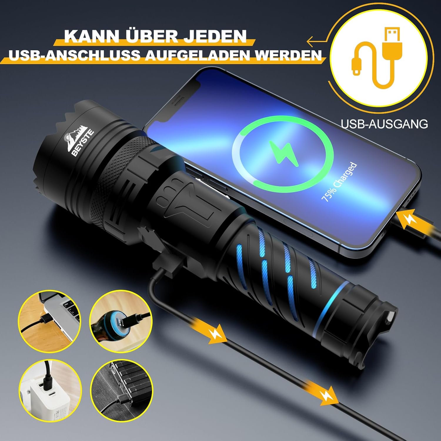 Thumbnail 4 de BEYSTE A10 Lampe torche LED rechargeable ultra puissante XHQ100.2 (1 000 000 lumens) + torche compacte 800 lumens