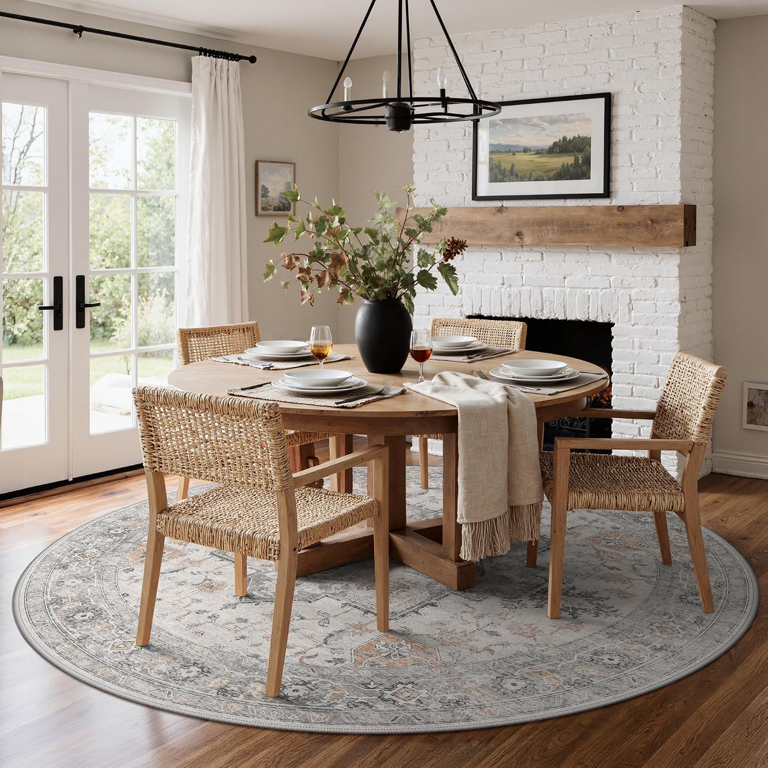 Thumbnail 1 de GENIMO 9 Ft Washable Round Area Rug in Taupe with Vintage Floral Circle Design