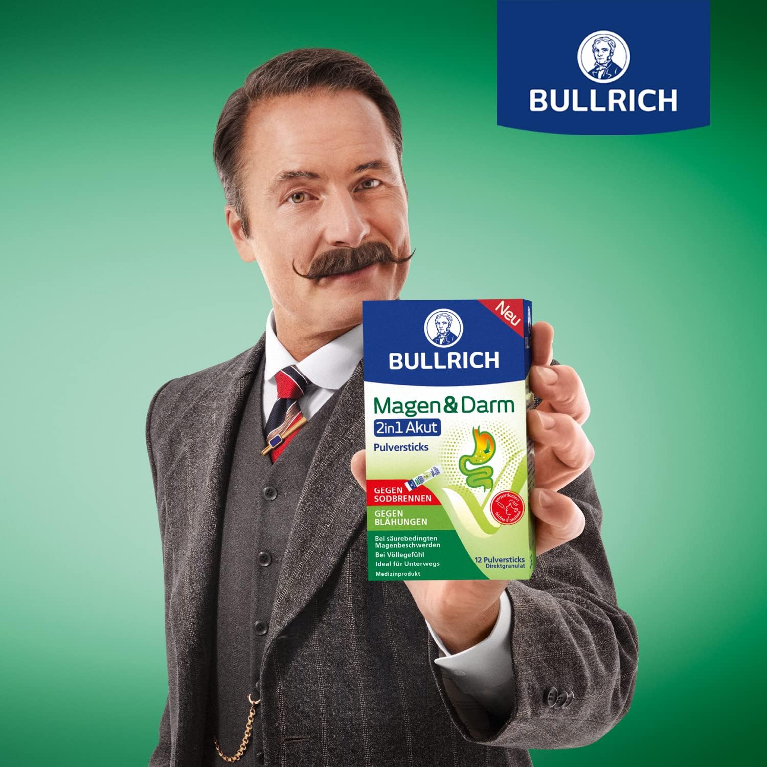 Detalle de Bullrich Magen & Darm 2in1 Akut – Akut gegen Sodbrennen & Blähungen, 12 Pulversticks (Packung mit 2) | Vegan