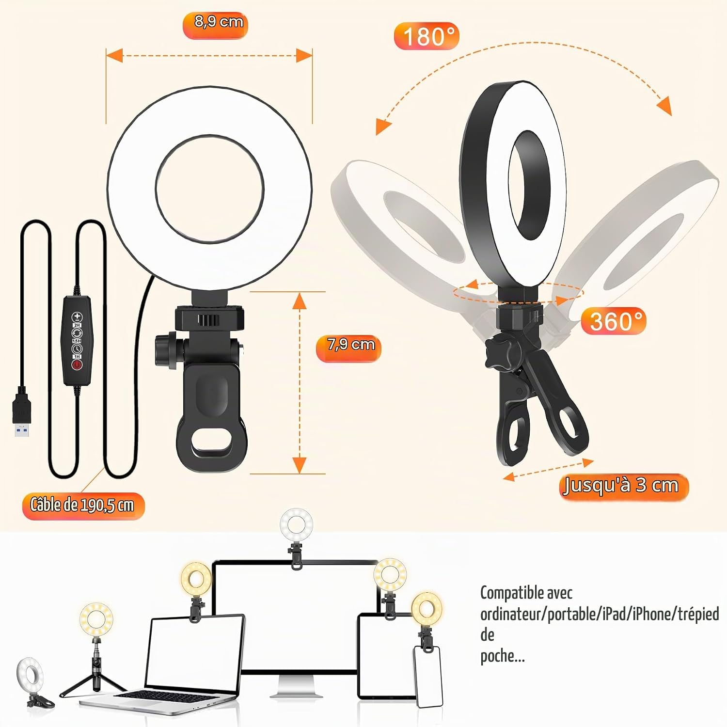 Thumbnail 6 de Mojimdo videoconferentielamp met USB, 3 lichtkleuren en timer