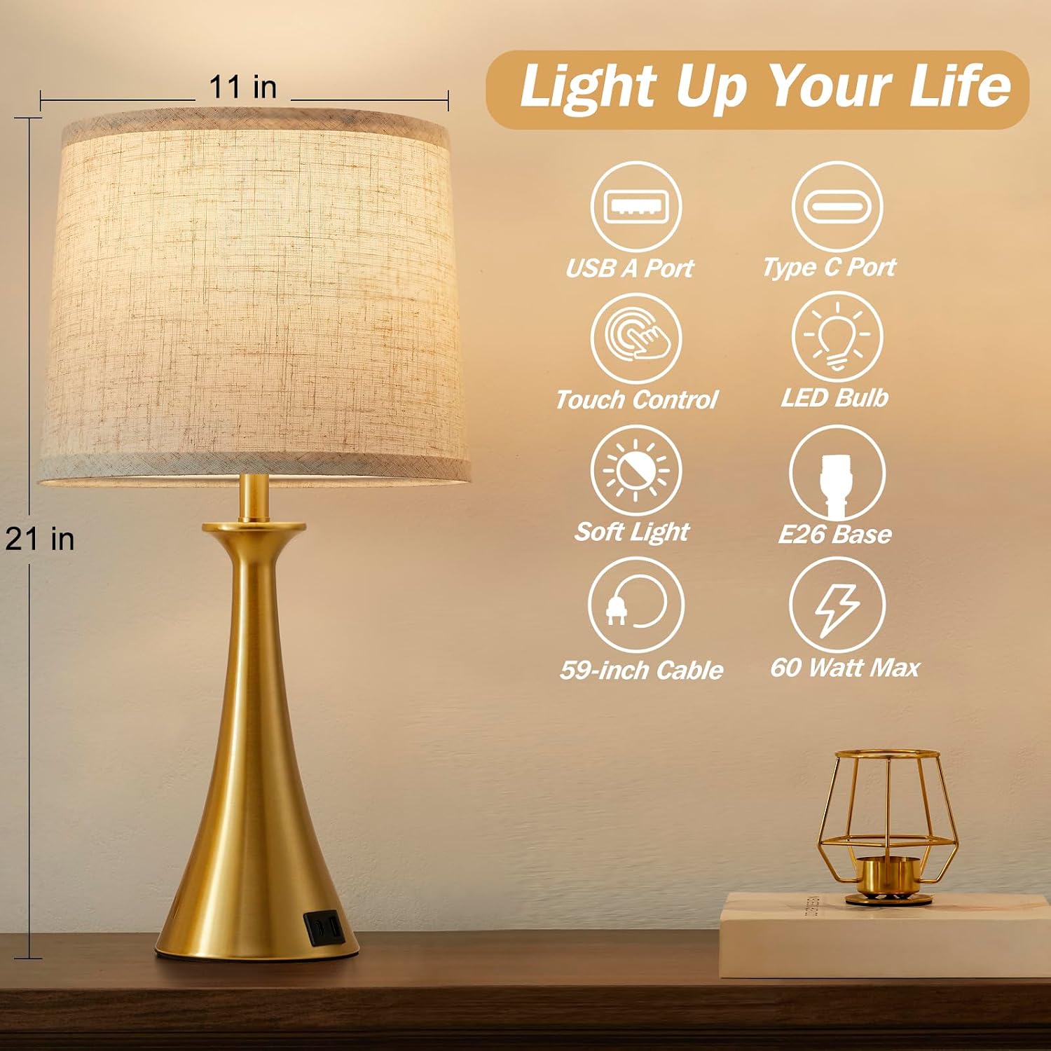 Detalle 2 de Hikczc H-2T-139-B Touch Table Lamps, Set of 2, Gold with USB-C/A