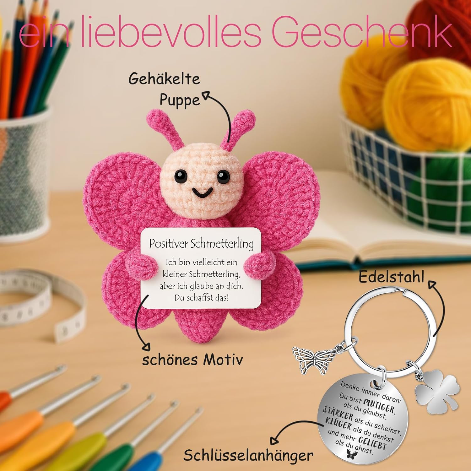 Thumbnail 1 de Farbeele Positive Schmetterling & Glücksbringer-Schlüsselanhänger (Pocket Hug) als Mutmacher-Geschenk