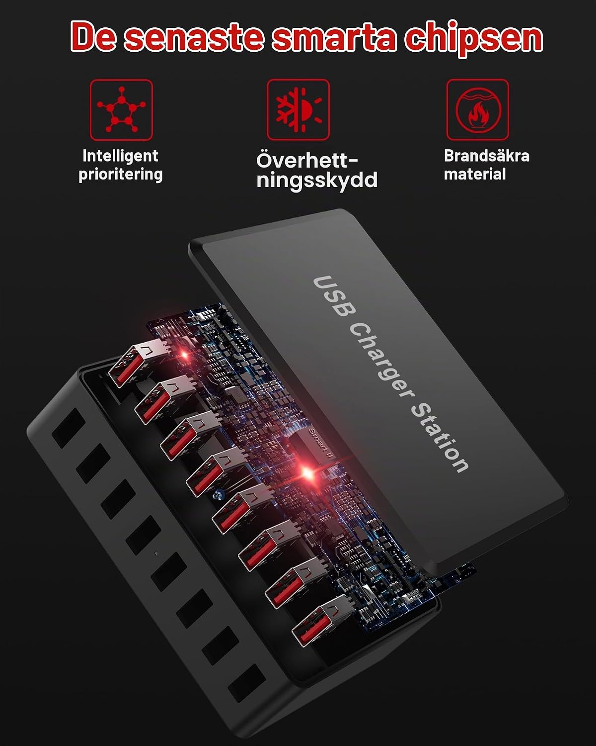 Detalle de Rsydmny USB-laddare med 8 USB-A-portar, 50 W och 5 V/10 A