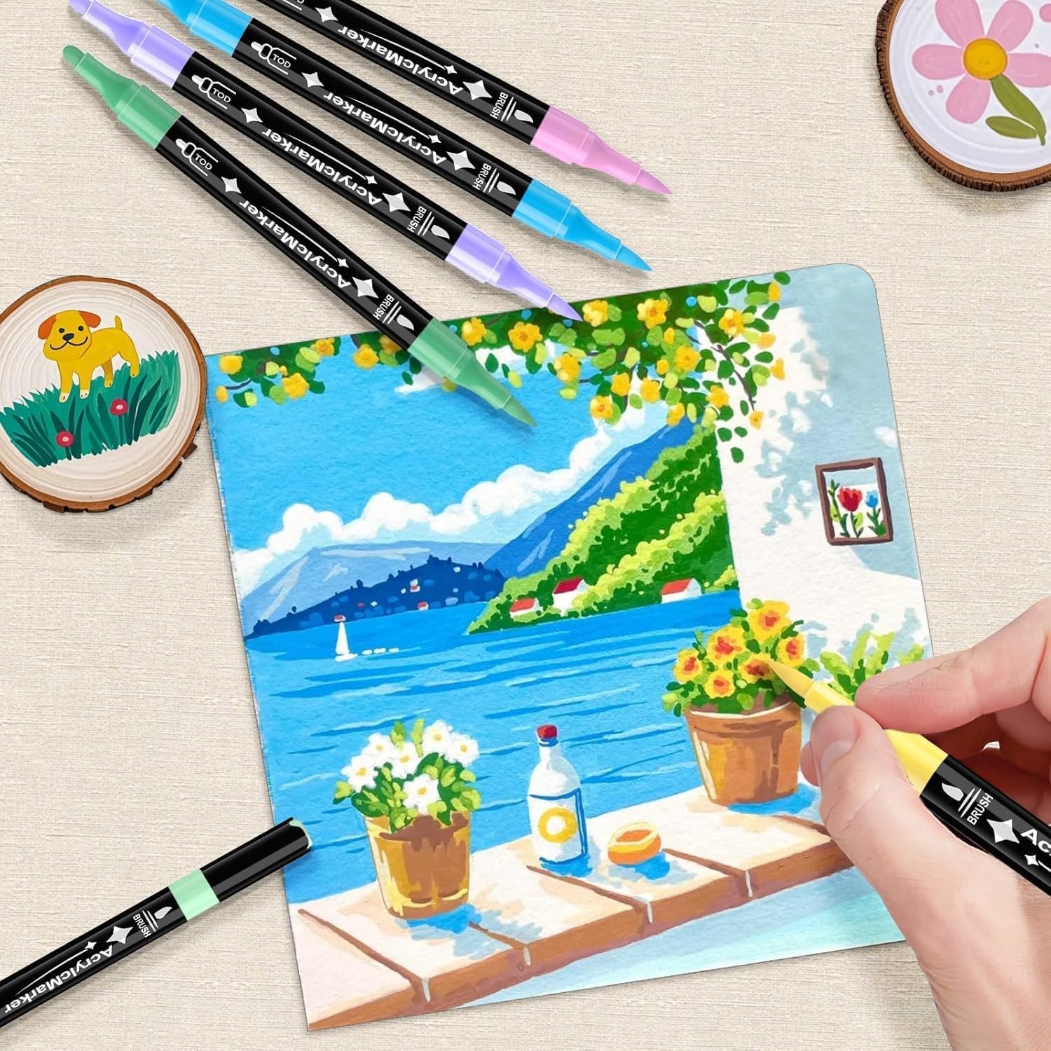 Thumbnail 4 de Dictien 24 Colori Pennarelli Acrilici Doppia Punta | Set Doppia Punta 3 mm + Pennello 1–5 mm perSuperficie Vetro, Pietra, Legno, Tessuti