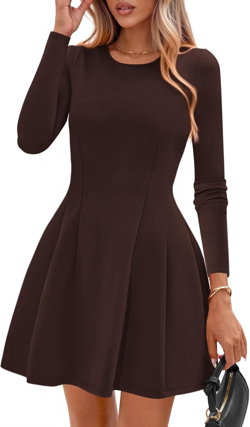 PRETTYGARDEN Women's Pleated Knit Mini Dress, Long Sleeve A-Line