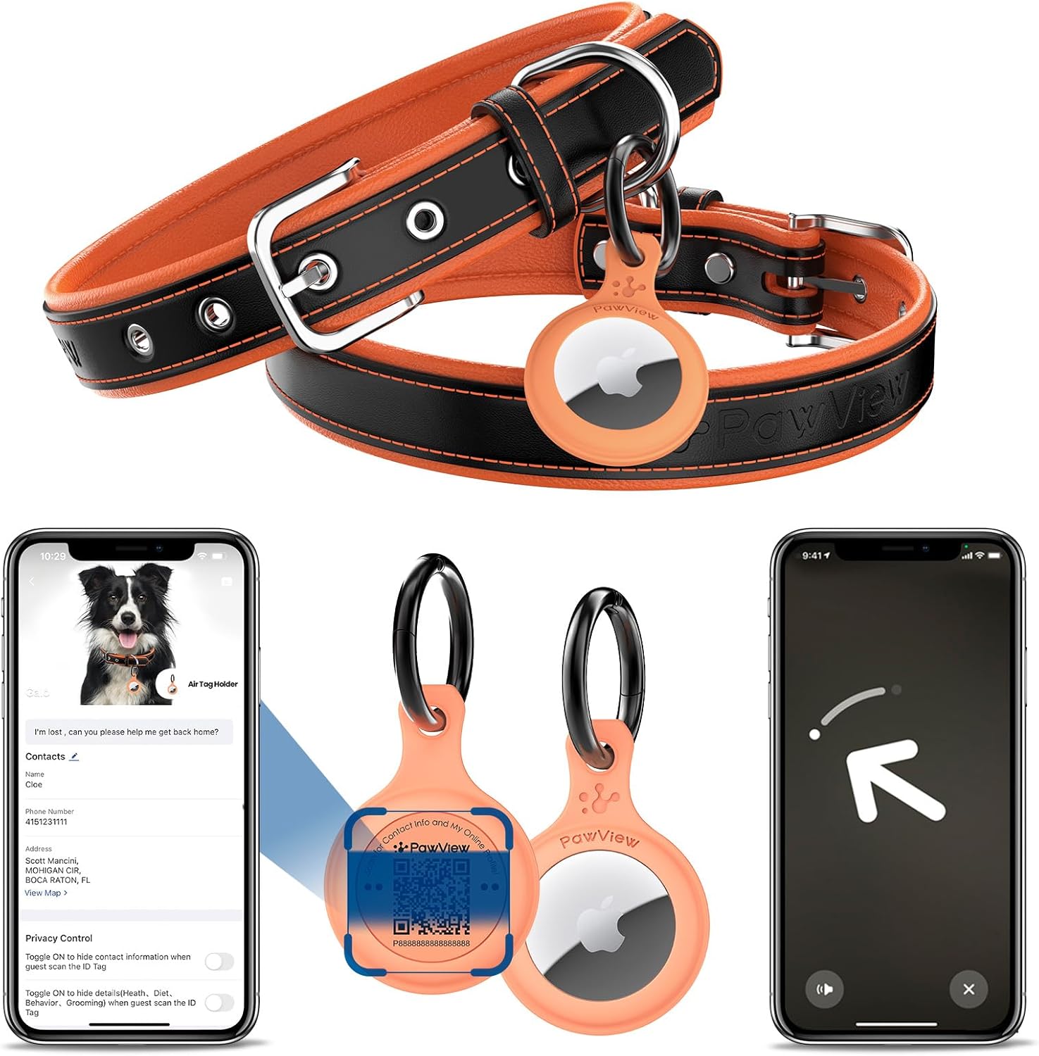 Thumbnail 1 de PawView leather dog collar with AirTag holder (QR code) – adjustable breathable PU lining in orange (medium)