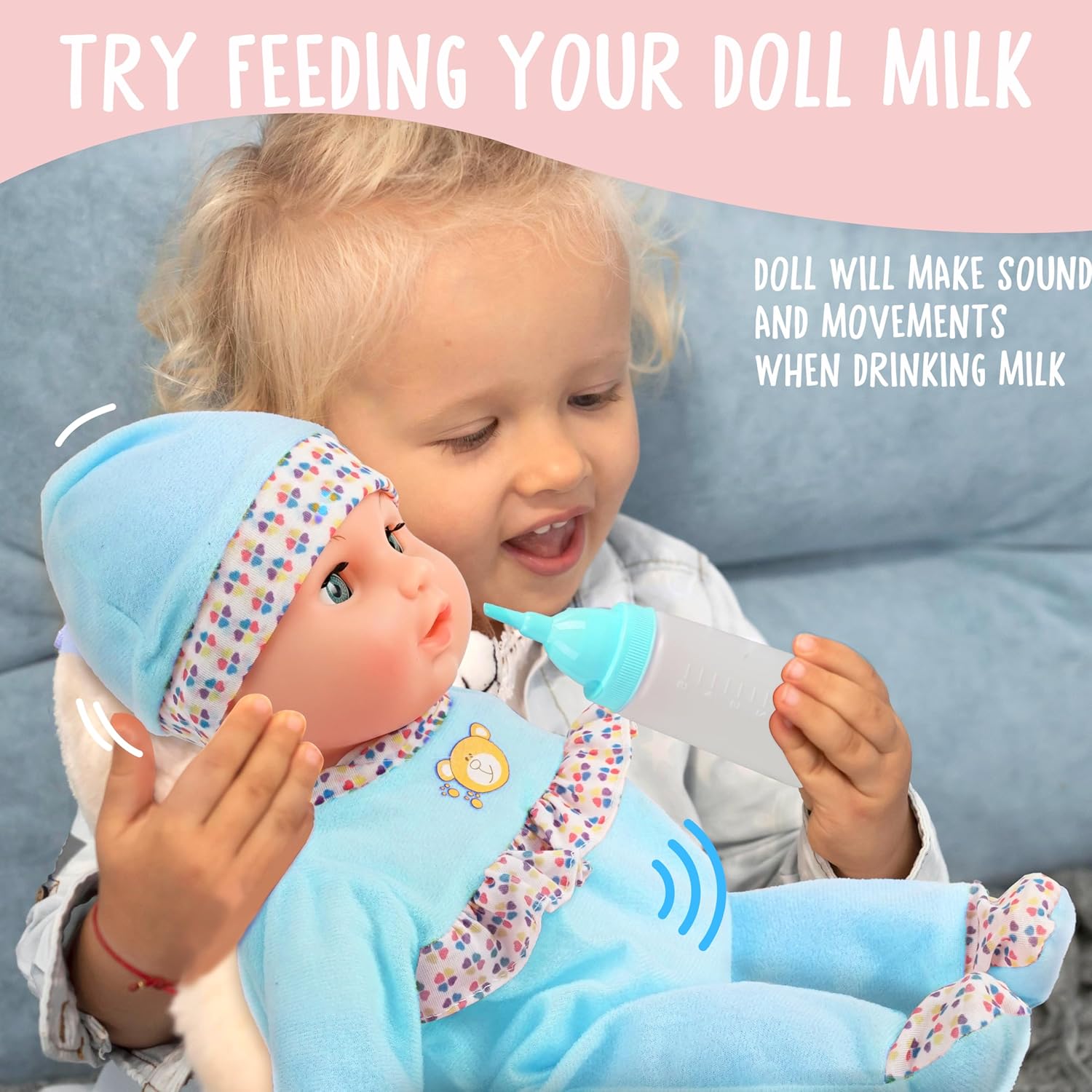 Detalle 2 de Toy Choi's 16" Blue Talking Baby Doll – A Practical Mini Nurse or Caretaker Doll for Early Years