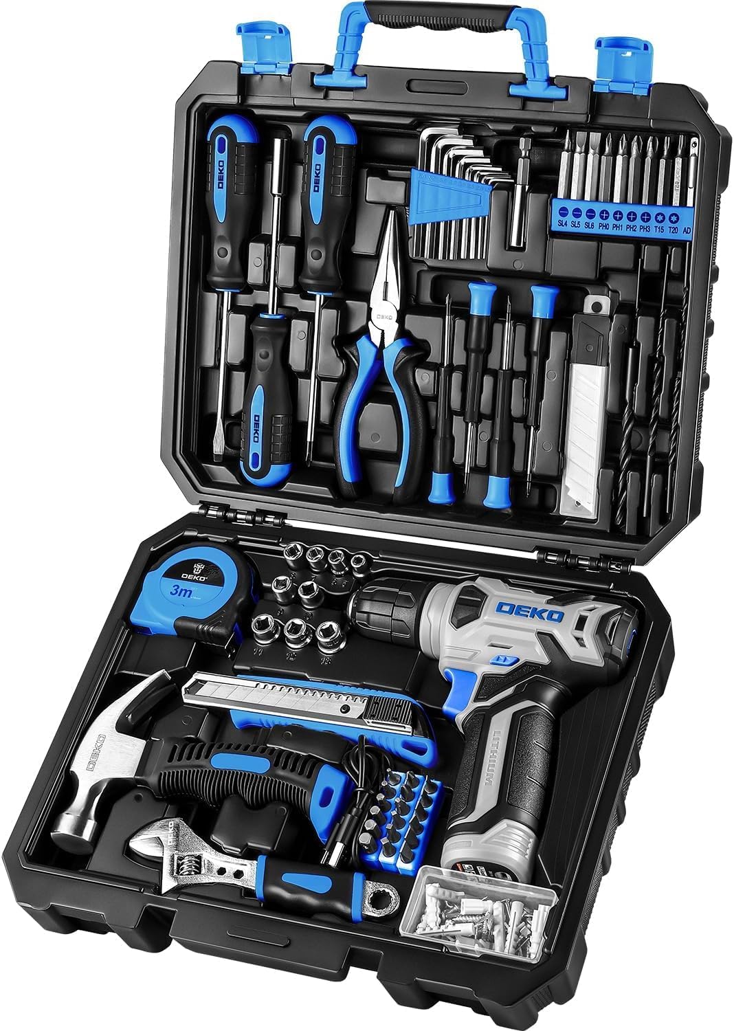 Detalle de DEKOPRO DKMT126BL Cordless Drill Tool Set with LED Light and Hand Tools
