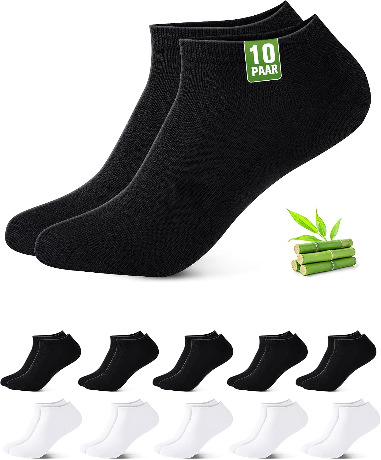 Detalle de Effeet 10 Paires Chaussettes Basses Bambou – Unisexe, Séchage Rapide, Ultra-Douces, Anti-Transpiration, Noir/Blanc (43-46)