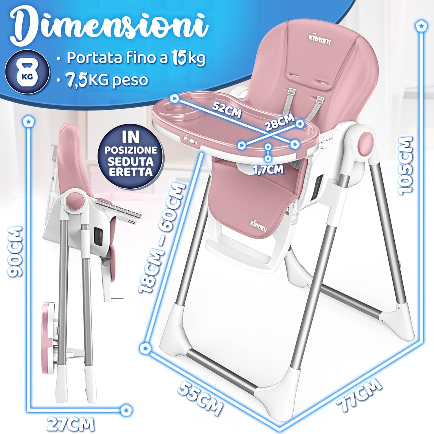 Thumbnail 2 de KIDUKU® Seggiolone Pappa Neonato 3 in 1 pieghevole con riduttore (0–36 mesi) Rosa