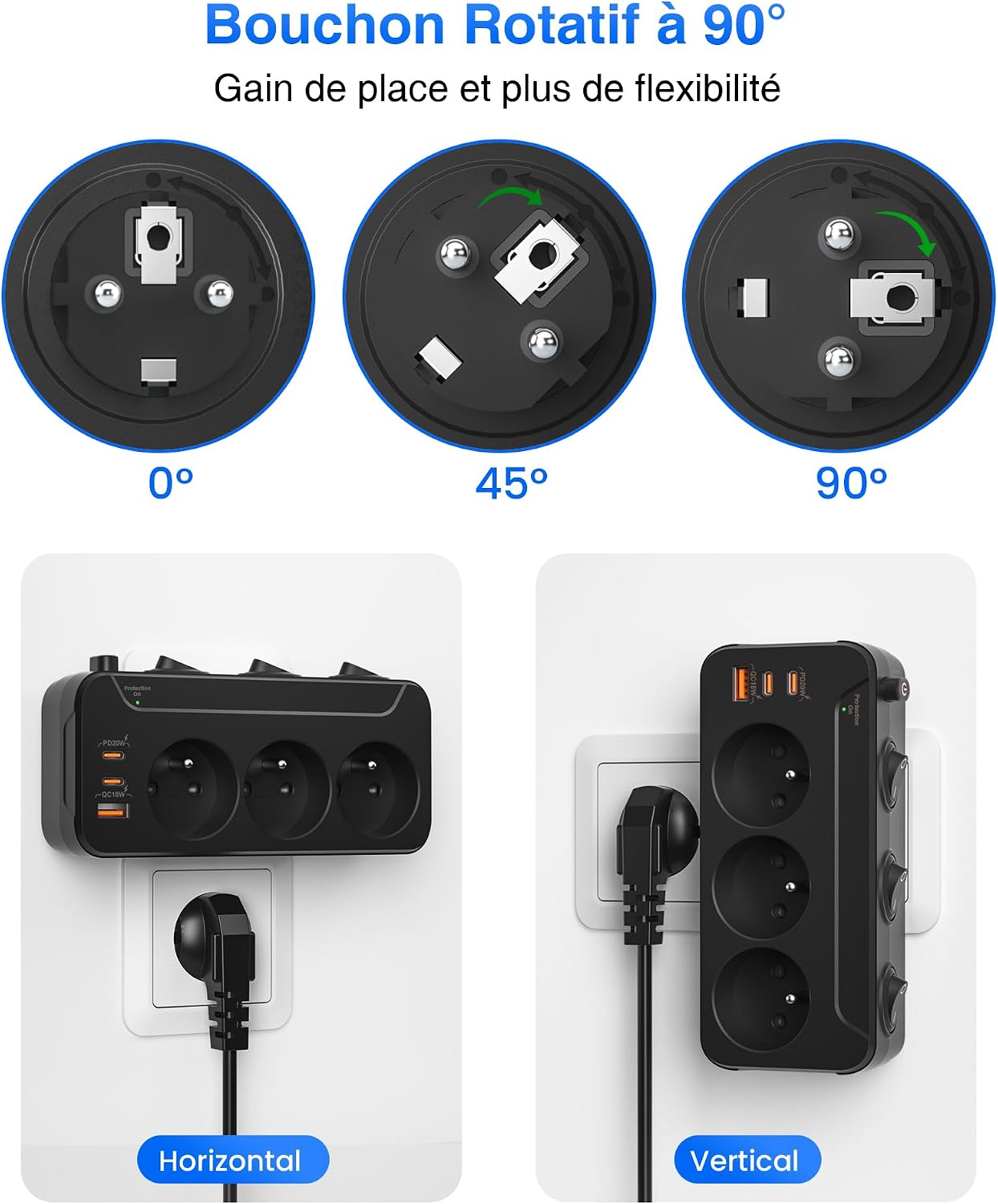 Detalle de Multiprise 3 prises noire avec USB-C PD 20 W