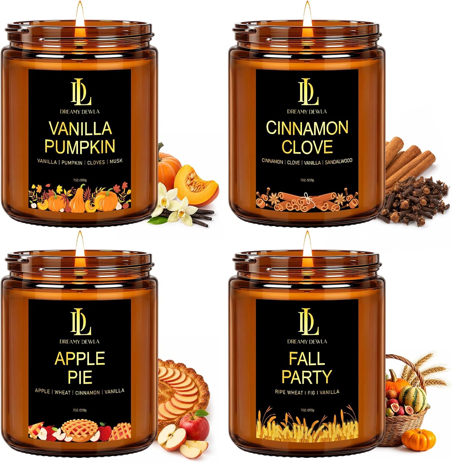 Detalle de DL DREAMY DEWLA Fall Scented Candle Set, 4-Pack Soy Wax, Four Fall Scents