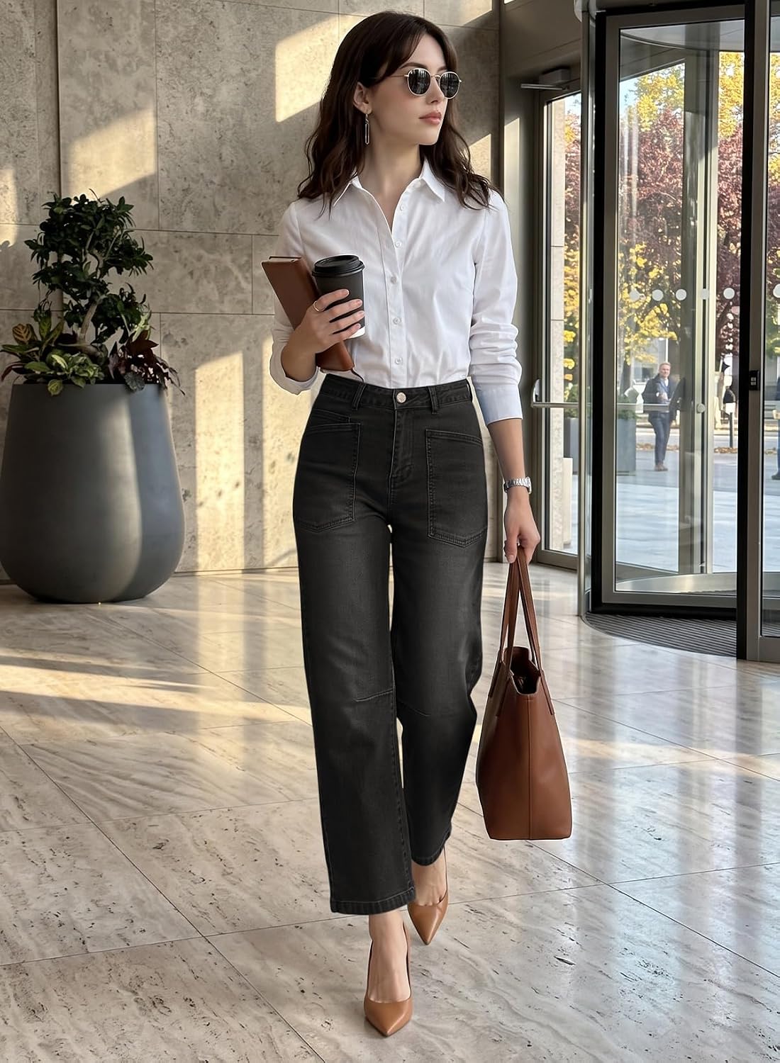 Detalle 2 de EVALESS Barrel-Leg Jeans for Women, High-Rise Stretch, Relaxed Fit