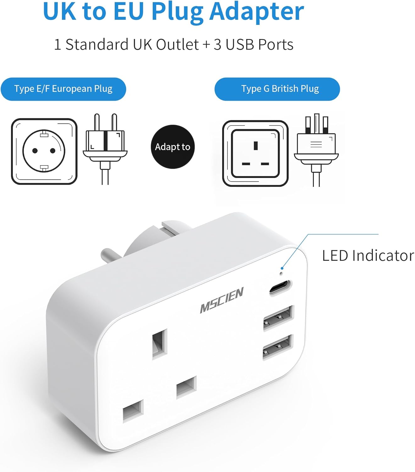 Detalle de Mscien UK to European Plug Adapter with USB C – 4-in-1 Travel Adaptor for UK travellers in Europe