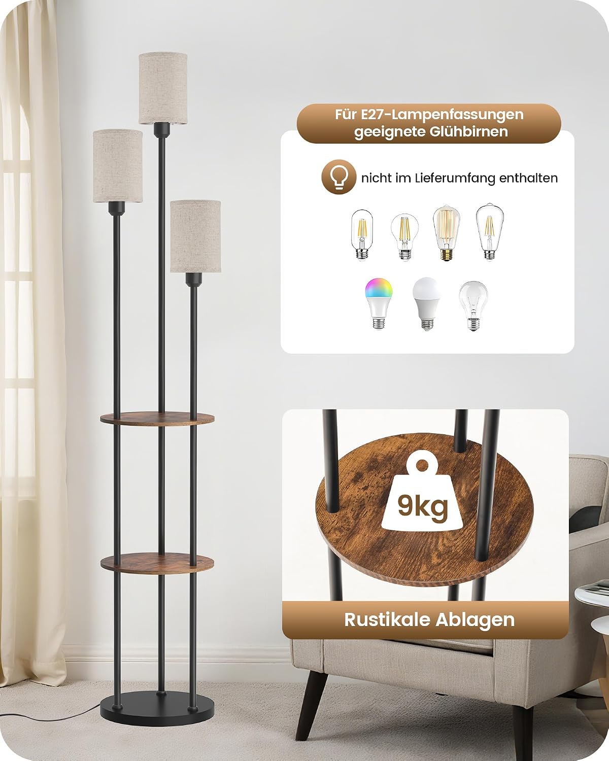 Detalle de GOEBLESON Stehlampe Wohnzimmer mit Ablage, 3-flammige Vintage-Leuchte aus Holz mit Fußschalter – E27 Fassungen