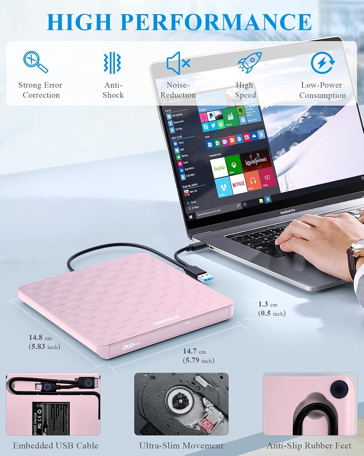 Thumbnail 6 de ORIGBELIE TP520-Pink External CD/DVD Drive, USB 3.0, Type-C, 13mm
