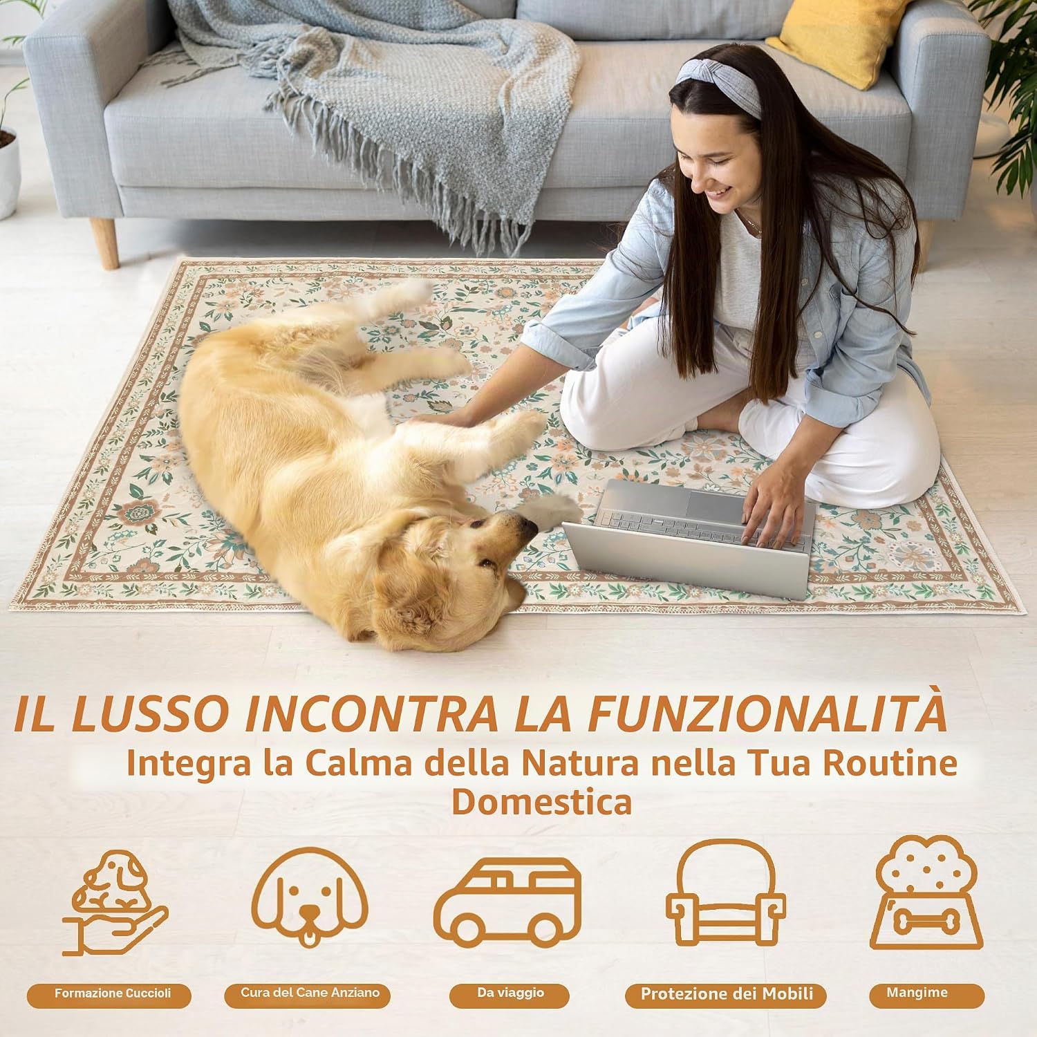 Detalle de BaoDan Traversine Lavabili per Cani 2 Pezzi 122x122 cm – Tappetini igienici riutilizzabili con fondo antiscivolo, stampa floreale marrone